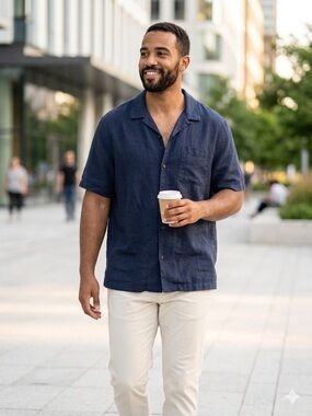 GAP Men's Linen Navy Short-Sleeve Button-Down Camp Shirt